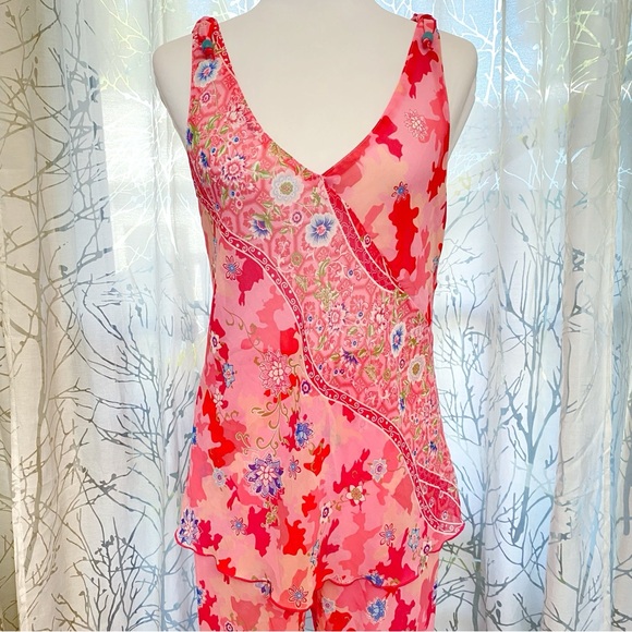 NATORI JOSIE PINK RED FLORAL CAMO PRINT SHEER TANK TOP CROP PANTS PAJAMA SET - Picture 2 of 13